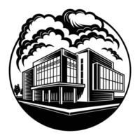 a black and white image of a building with clouds vector
