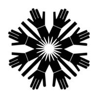 a black and white snowflake with hands in the center vector