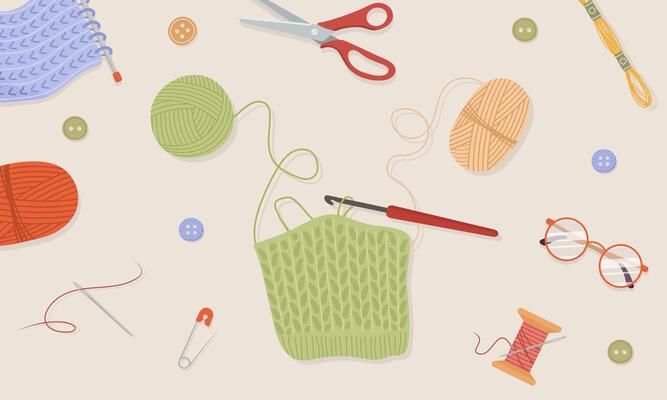 Crochet knitting process. Balls of yarn. Top view of the workplace. Tailor shop elements. Hand drawn illustration in flat cartoon style