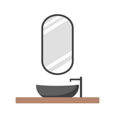 Modern bathroom interior in scandinavian style. Cozy contemporary white room with mirror with black frame and dark sink. illustration in flat cartoon style