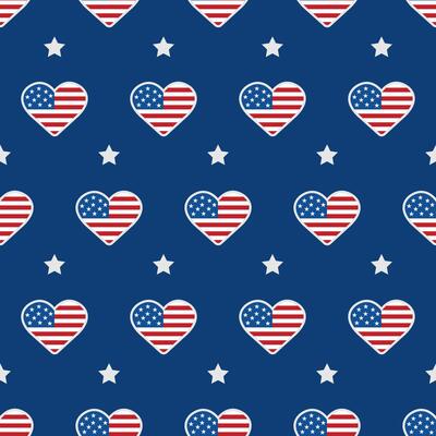 Independence Day of USA. Seamless pattern with hearts. Holiday background for 4th of July celebration. National Freedom Day. illustration in flat cartoon style