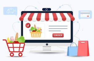 Online food order. Grocery delivery. The product catalog on the web browser page. Shopping boxes. Stay at home. Quarantine or self-isolation. vector