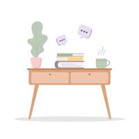 Interior of cozy room with table and books on it. Comfy furniture in modern Scandinavian hygge style. illustration in flat cartoon style vector