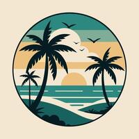Tropical Paradise Beach Scene Illustration with Palm Trees, Sun, and Relaxing Ocean View vector