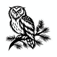 an owl sitting on a branch with pine needles vector