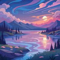 a colorful painting of a river and mountains vector