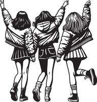 Three Girl Friends Back View Sketch Drawing. vector