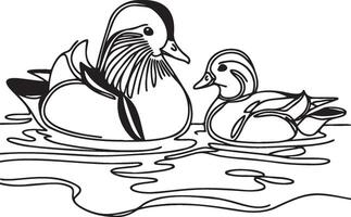 Mandarin Duck Couple Line Drawing. vector