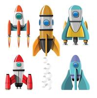 A new vKids rockets or spacecraft shuttles on startup to galaxy space with illuminators, spaceflight and cosmic space adventure vector