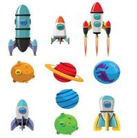 A Kids rockets or spacecraft shuttles on startup to galaxy space with illuminators, spaceflight and cosmic space adventure vector