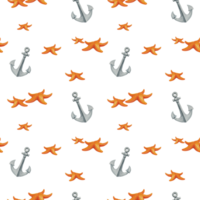 Minimalistic pattern of anchors and starfish on transparent background. Watercolor ornament for summer prints and designs in marine style. Hand drawn print for children textiles or bedding png