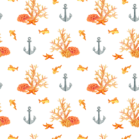 Seamless pattern with underwater world, fish, anchors, seashells, starfish and corals on transparent background. Life in the ocean. Simple design in marine style png