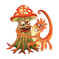 Friendly monsters hugging. Isolated watercolor composition with funny tailed, three-eyed monster squeezing in hands fly agaric mushroom for t-shirt design, card, sticker or kids room decorating png