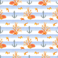 Underwater world seamless pattern with fish, anchors, seashells, starfish and corals on transparent background with blue strips. Simple design in marine style png