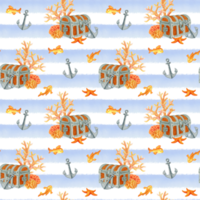 Seamless pattern with old chests on the ocean floor among fish and corals on transparent background with blue strips. Theme of treasure searching for design in marine style png