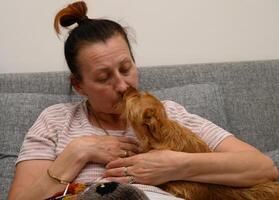Intimate moment shared between a woman and her playful dog during a cozy afternoon at home photo