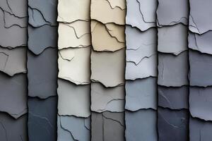 Artistic arrangement of textured slate tiles showcasing various shades and tones in a stunning display. photo