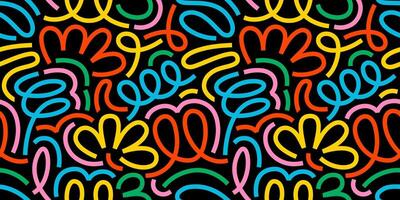 Colorful line doodle seamless pattern on dark background. Rainbow brush strokes. Creative abstract art background for festive celebration design. Simple childish scribble wallpaper print texture. vector