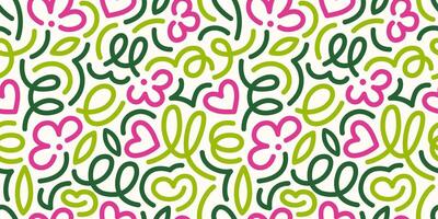 A fun spring seamless pattern featuring line doodles. Funky background with pink flowers and green foliage in modern doodle linear style. Ideal for banner design, postcards, advertising, and textile. vector