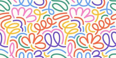 A colorful seamless pattern with line doodles and funky confetti. This creative, minimalist background is ideal for kids, featuring basic shapes in a simple, playful scribble style. vector