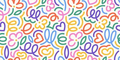 A fun rainbow seamless pattern featuring line doodles. Funky confetti background. This creative, minimalist art background is perfect for children. Basic shapes in a simple, playful scribble style. vector
