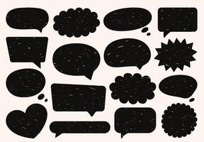 Set of speech bubbles in various shapes. Crayon communication frames in black and white. Textboxes in doodle style with dialogue clouds and chat icons featuring a grunge texture. Hand-drawn text boxes vector