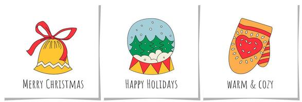 Festive set of three cheerful Christmas with a bell, a snow globe, and a cozy mitten. Each design includes warm holiday greetings like Merry Christmas, Happy Holidays, and Warm and Cozy. vector