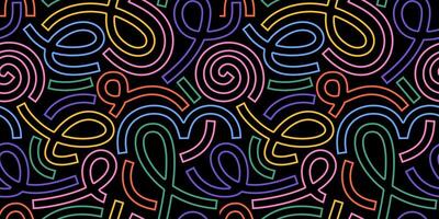 Abstract seamless memphis pattern features vibrant neon line doodles on a black background, creating a playful and dynamic design. Perfect for modern wallpapers, and creative projects. vector