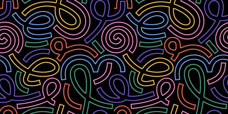 Abstract seamless memphis pattern features vibrant neon line doodles on a black background, creating a playful and dynamic design. Perfect for modern wallpapers, and creative projects.