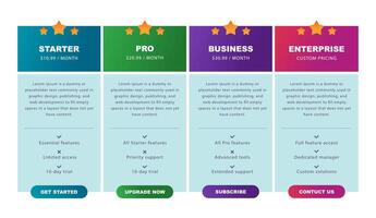 Modern Web Pricing Table with 4 Business Subscription Options vector
