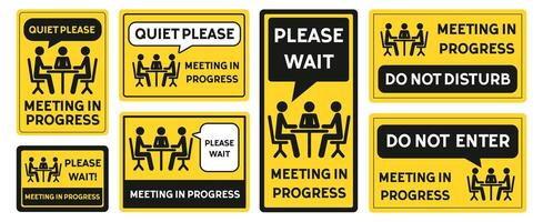 Meeting in Progress Sign Collection with Business Icons and Editable Text vector