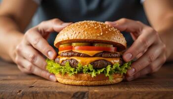 hamburger with sesame bun is held by two hands. Ingredients are visible between buns, lettuce, cutlet, cheese, slices of tomatoes, cucumbers. on the wooden surface, the background is blurred photo