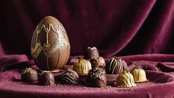 A luxurious composition of chocolates and a large egg with golden patterns is placed on the purple velvety fabric, creating an atmosphere of sweet celebration and sophistication. photo