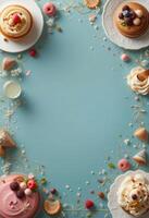 flat layout of variety of desserts, including cream and fruit tartlets, cupcakes and cookies, creates an appetizing look.place for text,menu photo