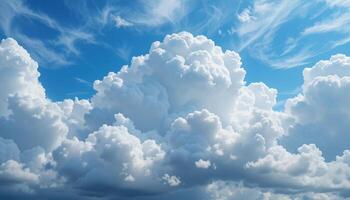 beautiful blue sky filled with fluffy white clouds that create border effect around a clear patch of sky. The whole stage radiates tranquility and open space. photo