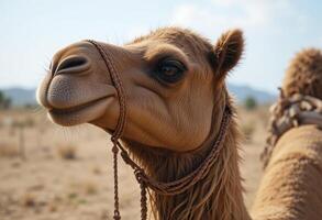 camel with fluffy fur and friendly eyes against background of a desert landscape. The bright sky and warm sun create a calm atmosphere. photo