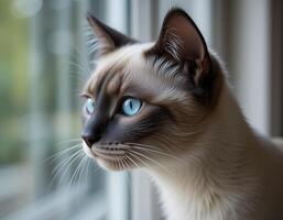 Siamese cat with bright blue eyes sits by the window. His well groomed coat contrasts with the black mask on his muzzle, creating a spectacular image. photo