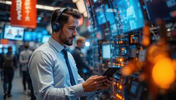 A Male in a suit with a headset is staring intently at a tablet in a dynamic trading floor. Monitors with graphs are visible in the background, creating a tense atmosphere photo