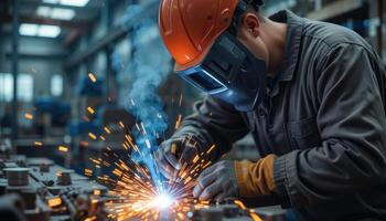 welder wearing a protective mask works in the workshop, creating sparks during welding. Colleagues and equipment are visible in the background, reflecting the dynamics of the production process. photo