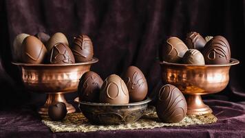 a still life with chocolate Easter eggs in copper and silver plates on a shiny gold cloth. The eggs are decorated with chocolate patterns, creating a luxurious and festive atmosphere. photo
