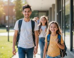 group of schoolchildren walking along the sidewalk next to the building. They smile, carry backpacks, and look happy, like they're coming home from school or going to school. photo