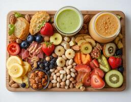 wooden tray with a variety of healthy foods, cubes of cheese or tofu, strawberries, blueberries, kiwis, almonds, orange slices and yogurt. The perfect snack for a light meal. photo
