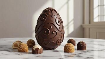 In the center of the image is a large chocolate egg with a relief pattern surrounded by bright candies on a marble countertop. The light from the window opening creates a warm and festive atmosphere. photo