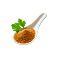 White spoon of coriander powder with leaf on transparent background png