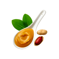 White ceramic spoon of peanut butter with slice on transparent background png