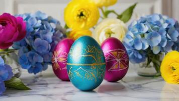 On the marble surface there are three bright Easter eggs with golden patterns surrounded by spring flowers. The atmosphere of celebration and joy creates a wonderful spring mood. photo