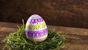 An Easter egg with purple, yellow and green patterns nestles comfortably in a nest of green grass against a tree background, creating the atmosphere of a spring holiday. photo