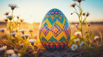 A decorated Easter egg with geometric patterns in blue, yellow and pink colors lies against the background of a field of daisies, creating an atmosphere of spring and celebration at sunset. photo