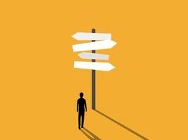 Finding the right way, Businessman thinks about choosing multiple signposts vector