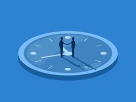 Appointment to work on time, Two businessmen standing holding hands on clock face vector